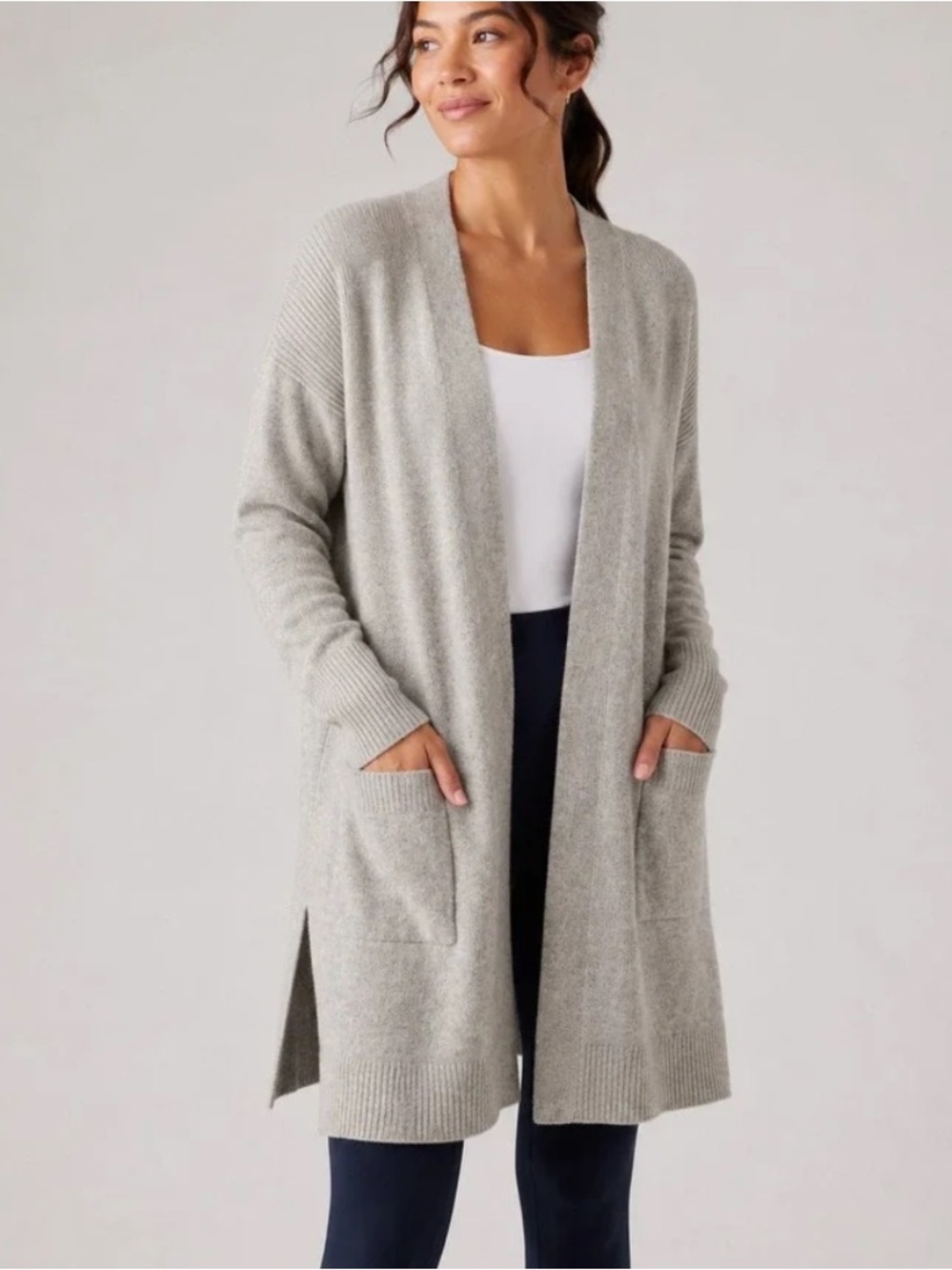 Athleta spirit wool cashmere wrap light Gray Open-Front longline Knit Cardigan M